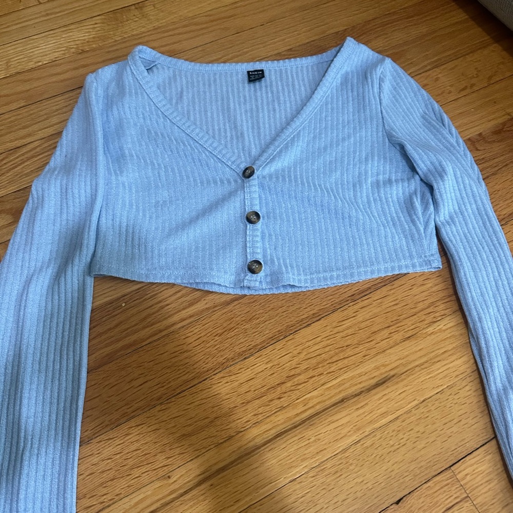 SHEIN Sky Blue Ribbed Button-Up Crop Blouse